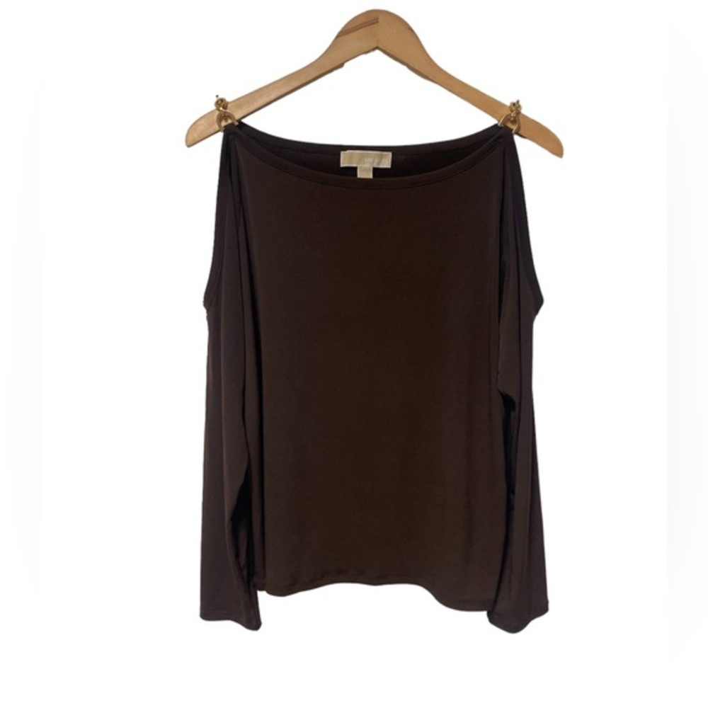 MICHAEL Michael Kors  Cold Shoulder Gold Chain Accent Long Sleeve  Brown Top XL